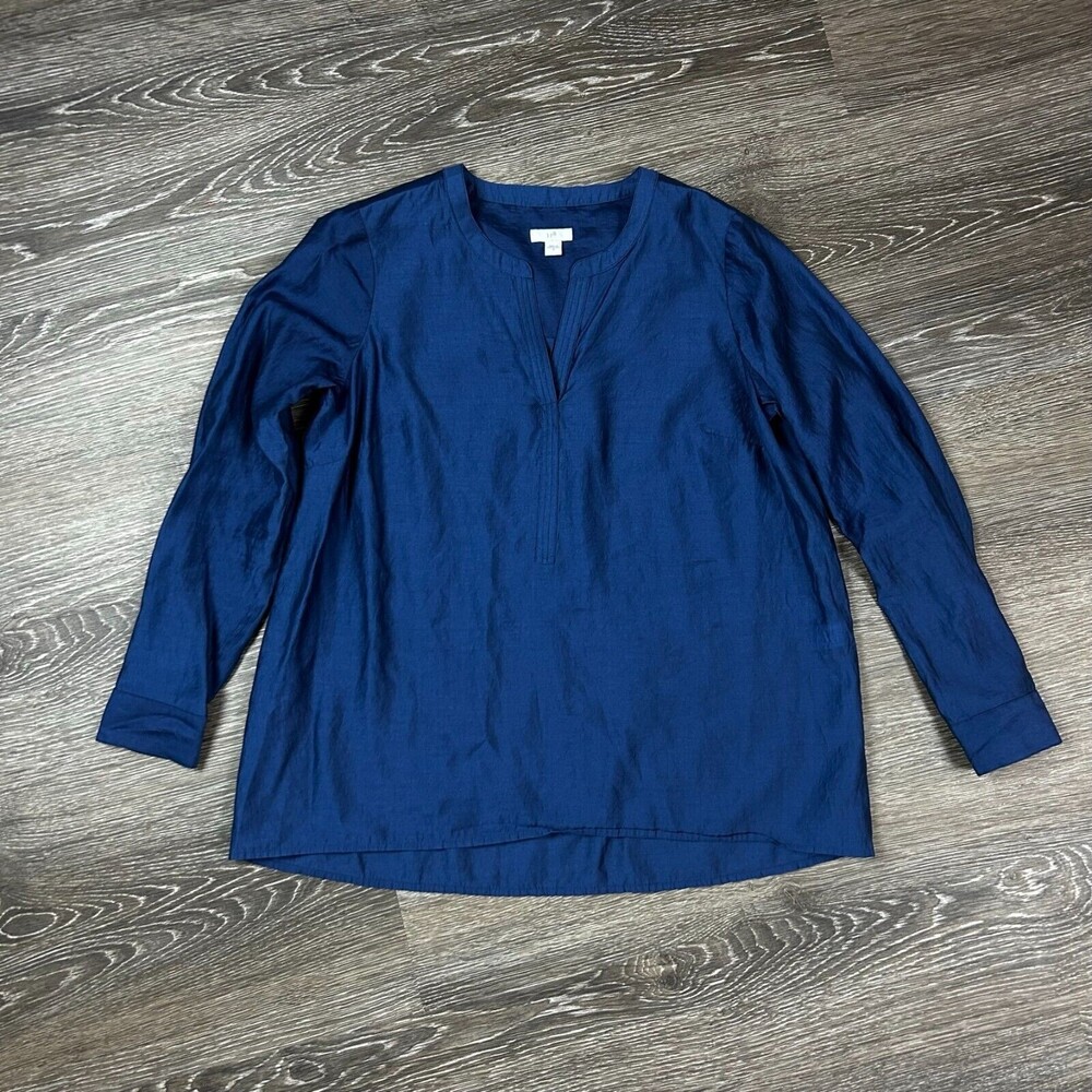 J. Jill Blue Split Neck Pull Over Tunic Size S Long Sleeve Tencil EUC